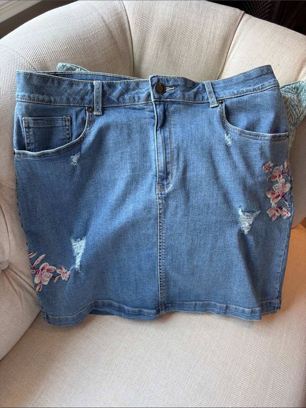 George Blue Denim Mini Skirt with Pink Floral Embroidery